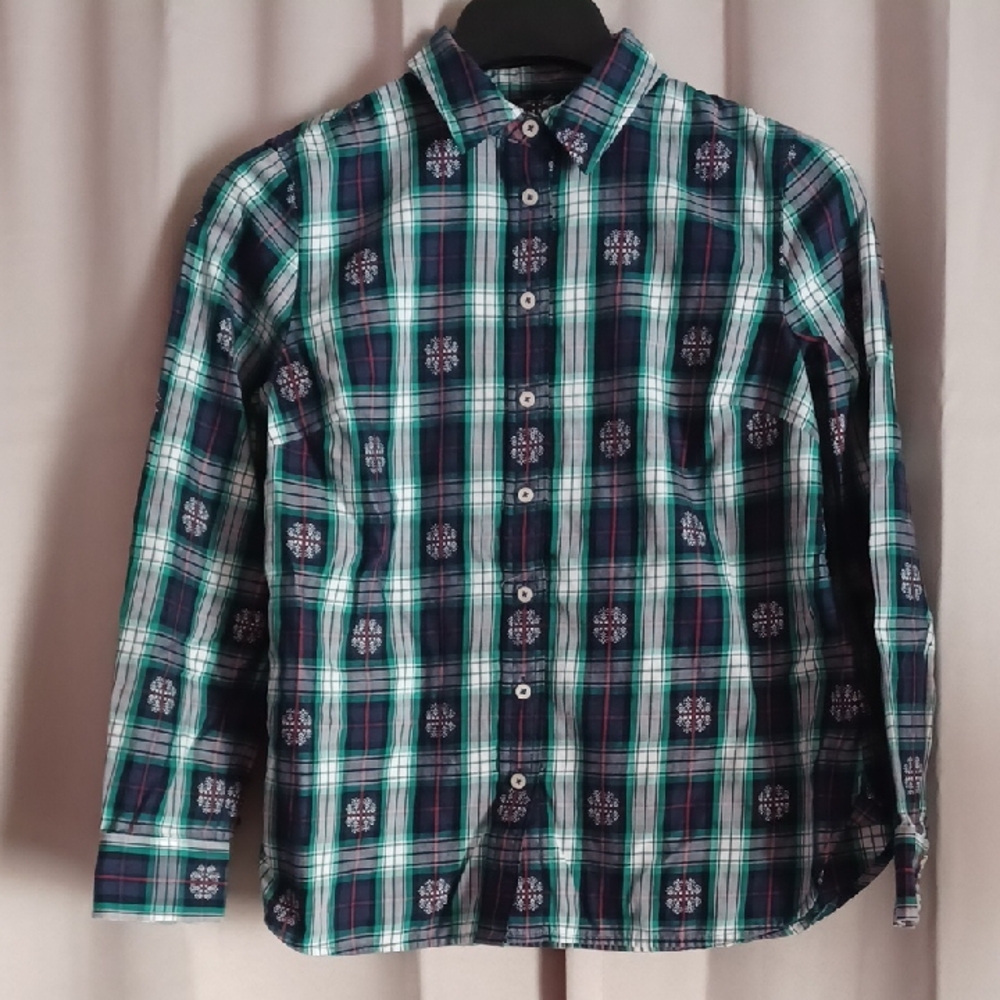 Talbots Snowflake Jaquard Plaid Long Sleeve Button Front Collared Shirt Petite